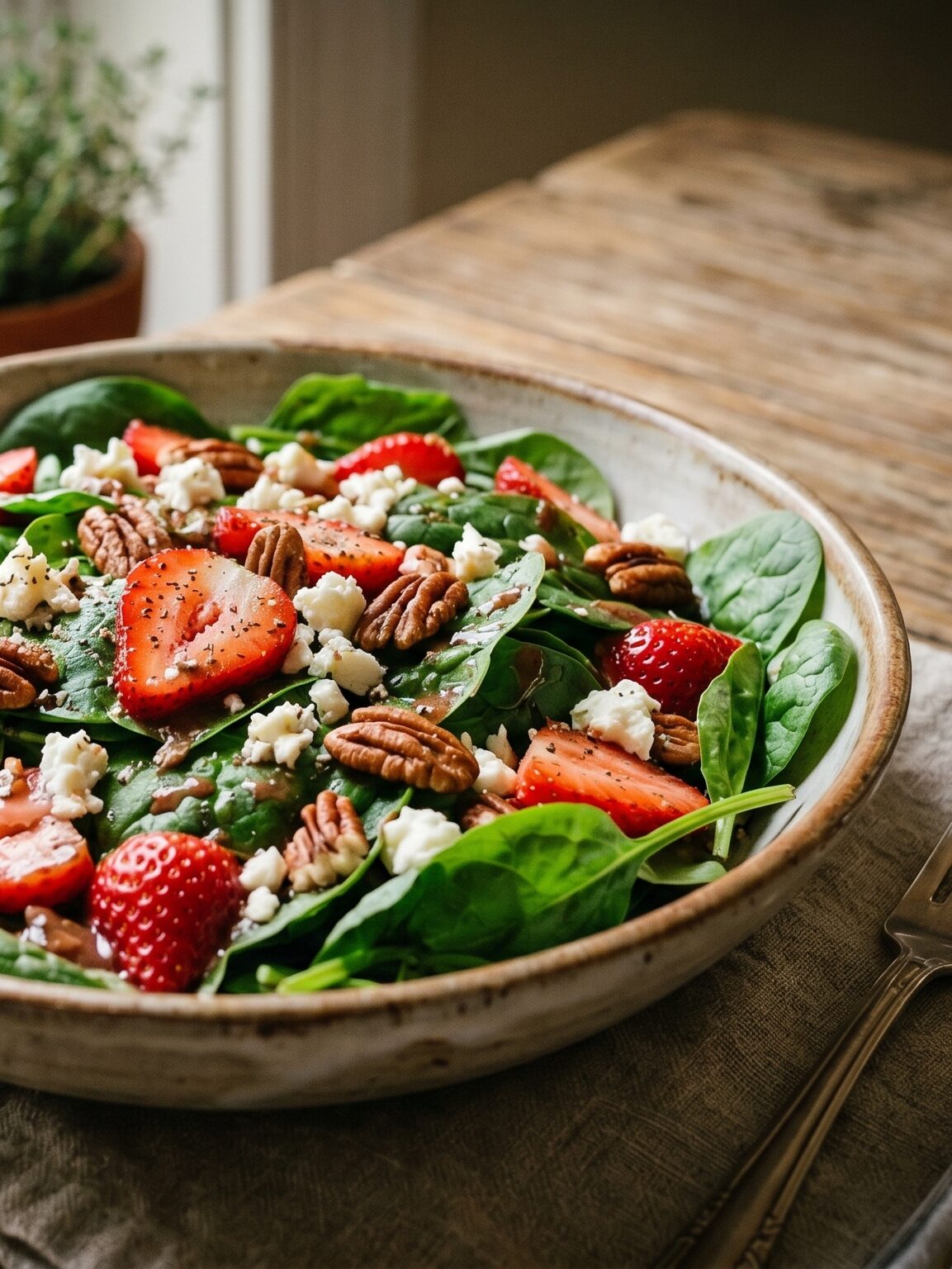 a bowl of strawberry spinach salad with feta and pecans for healthy eating
